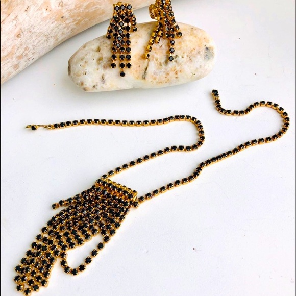 Vintage Waterfall Black Rhinestone Necklace Set 🖤 - Picture 5 of 17